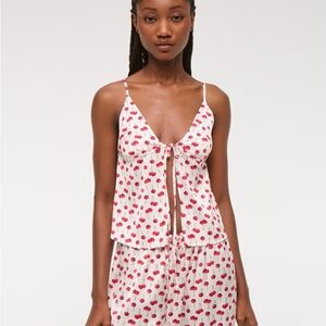 Cherry Print Tie-Front Cami & Shorts Sleep Set - White/Red